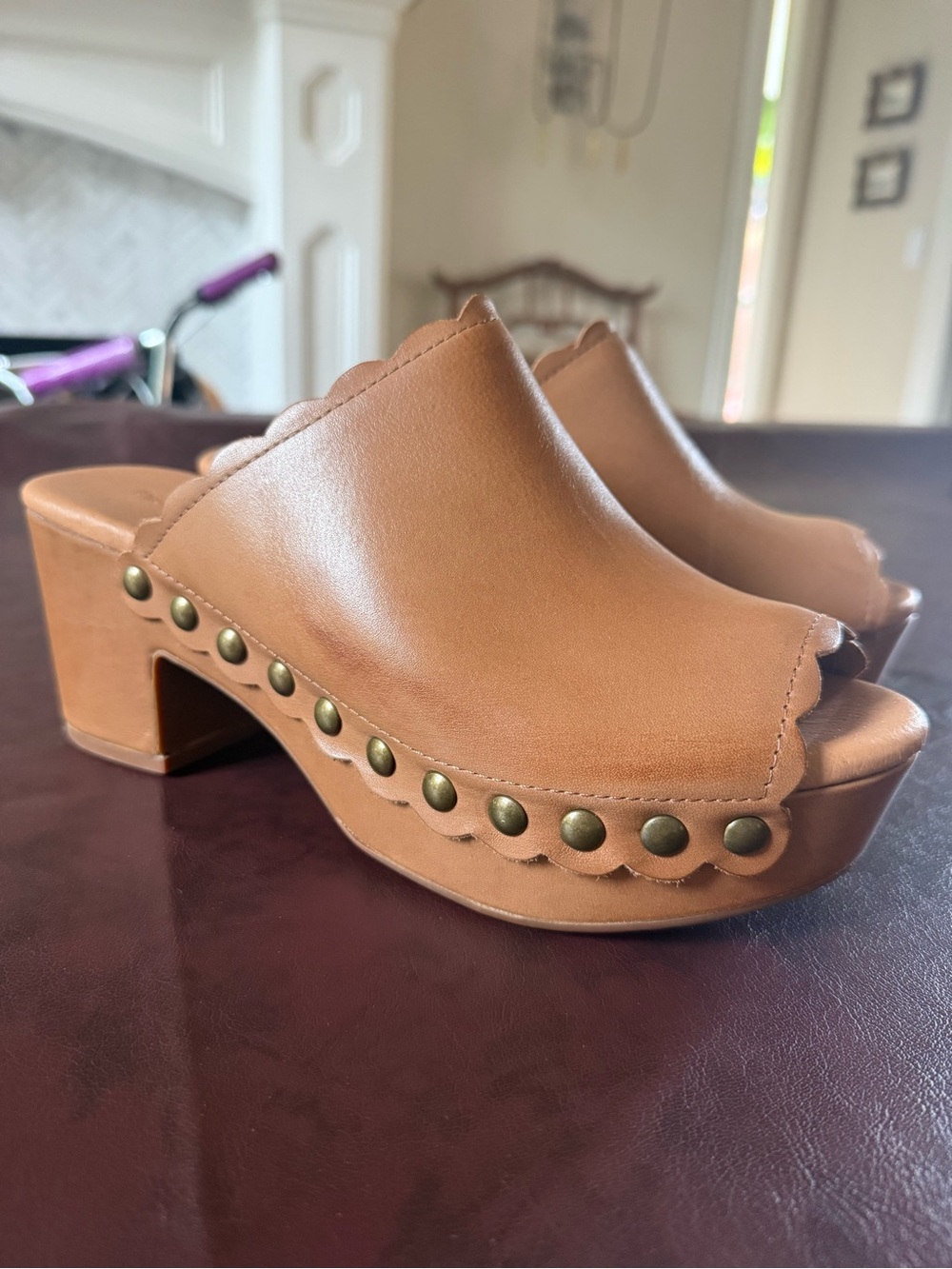 Nordstrom Tan Scalloped Stud Clog Mules